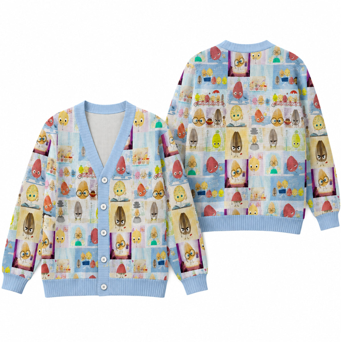 Cute Storybook Characters Cardigan Sweater - Whimsical Seed and Cookie Knitwear