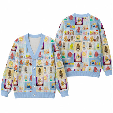 Cute Storybook Characters Cardigan Sweater - Whimsical Seed and Cookie Knitwear