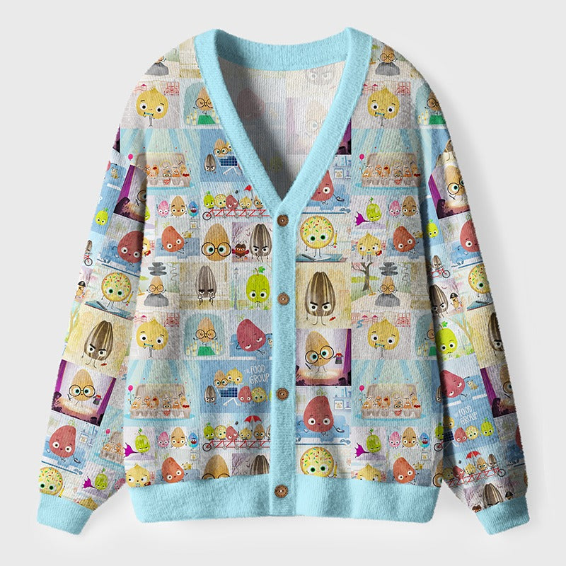 Cute Storybook Characters Cardigan Sweater - Whimsical Seed and Cookie Knitwear