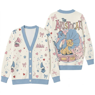 Personalized Musical Kittens Cardigan Sweater - Cute Retro Cat Graphic Knitwear