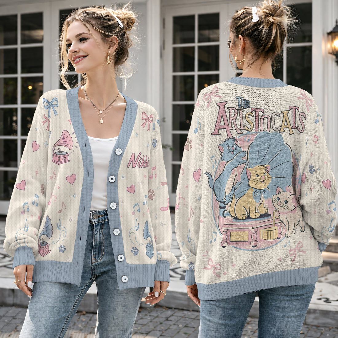 Personalized Musical Kittens Cardigan Sweater - Cute Retro Cat Graphic Knitwear
