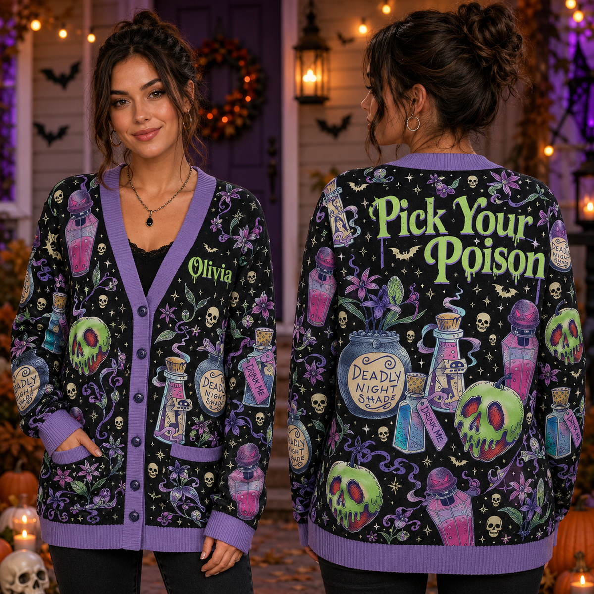 Pick Your Poison Cardigan Sweater - Spooky Gothic Halloween Potion Knitwear