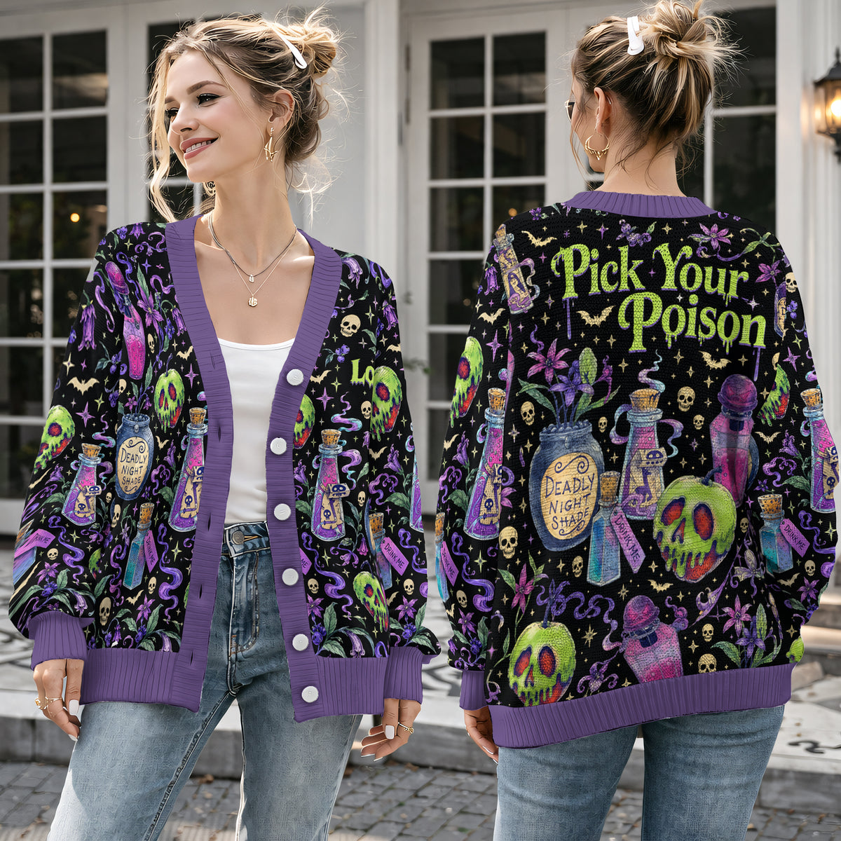 Pick Your Poison Cardigan Sweater - Spooky Gothic Halloween Potion Knitwear