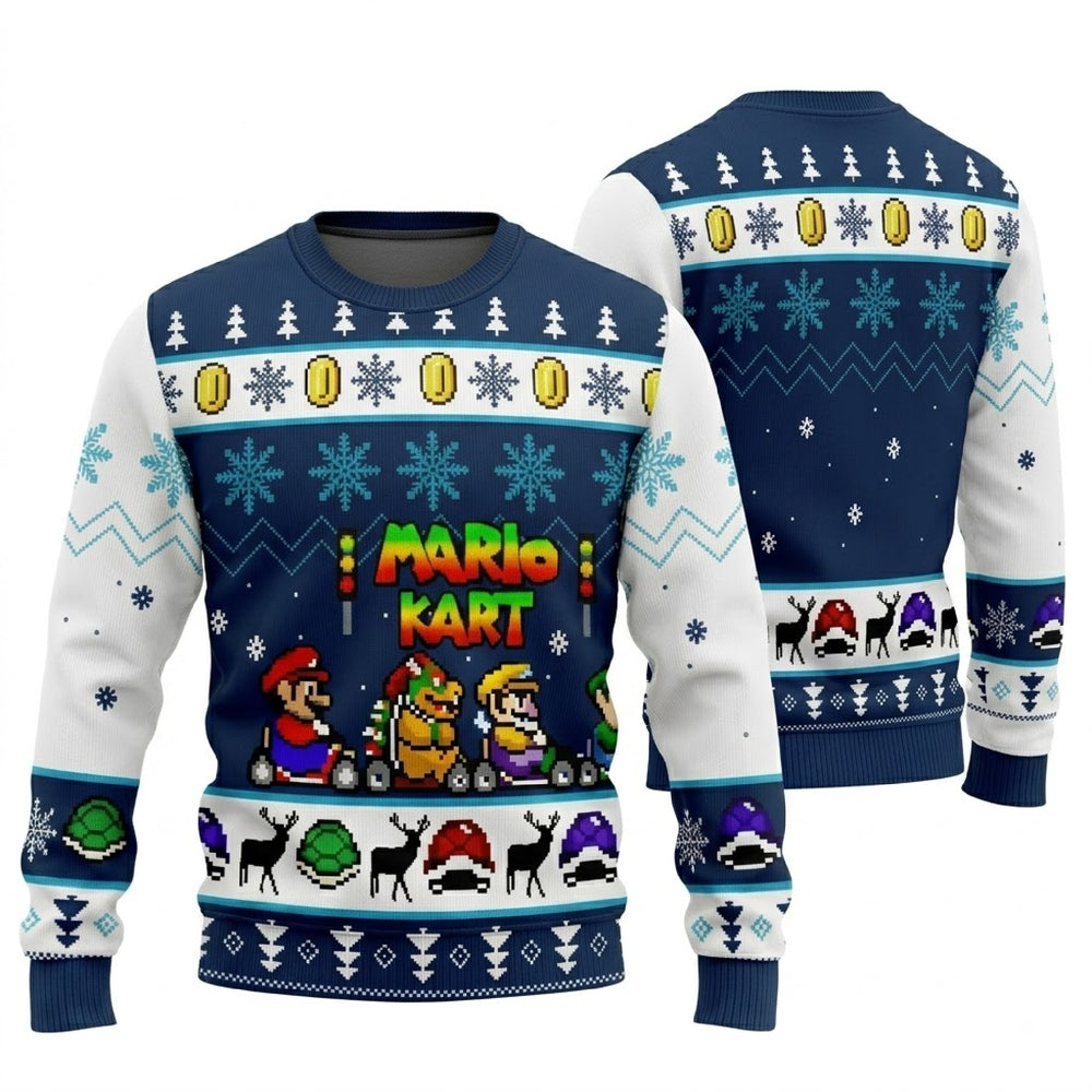 Mushroom Kingdom Grand Prix Kart Racing Ugly Christmas Sweater - Pixel Art Holiday Knit Print