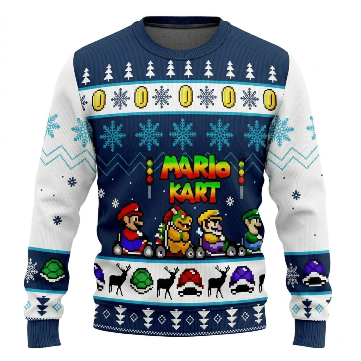 Mushroom Kingdom Grand Prix Kart Racing Ugly Christmas Sweater - Pixel Art Holiday Knit Print