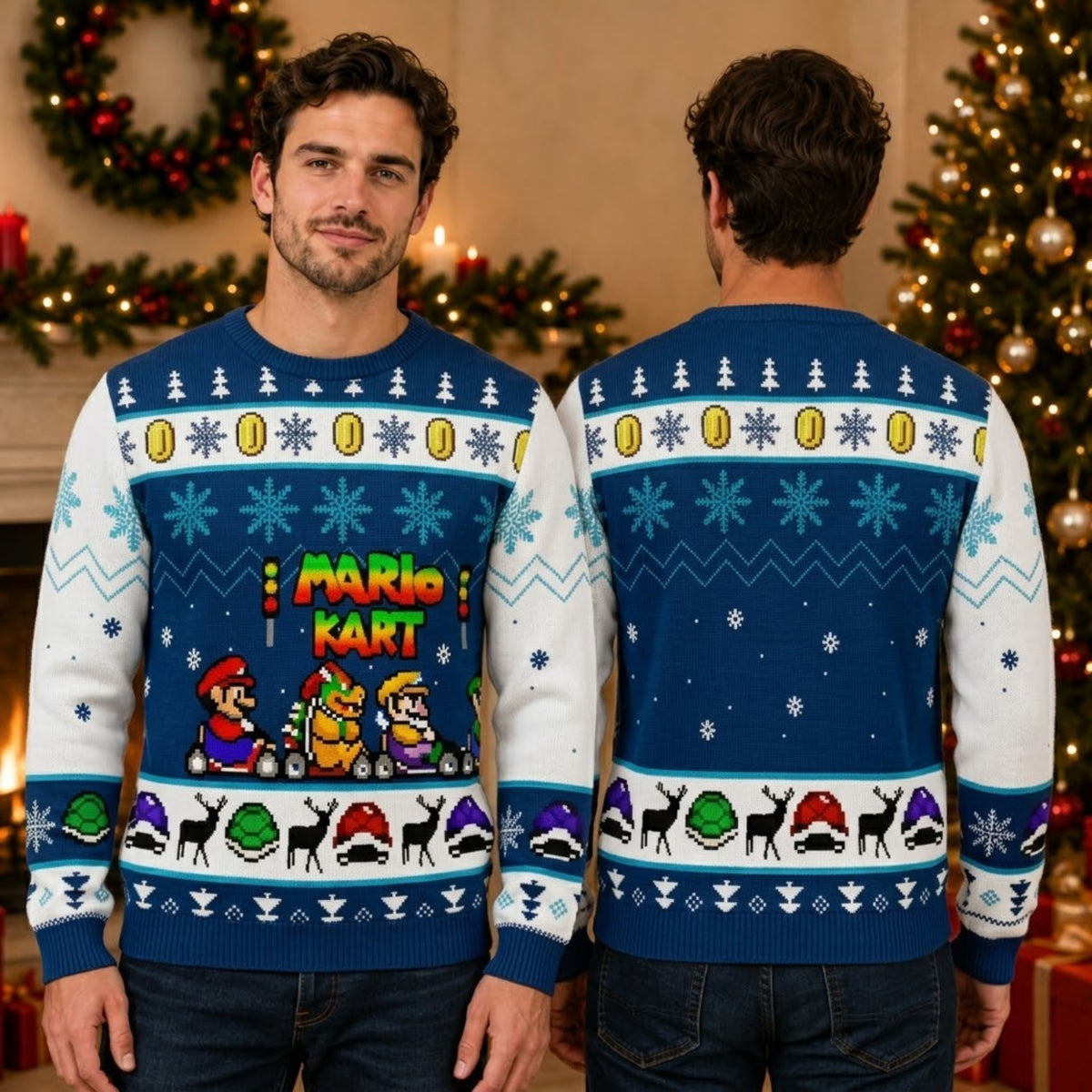 Mushroom Kingdom Grand Prix Kart Racing Ugly Christmas Sweater - Pixel Art Holiday Knit Print