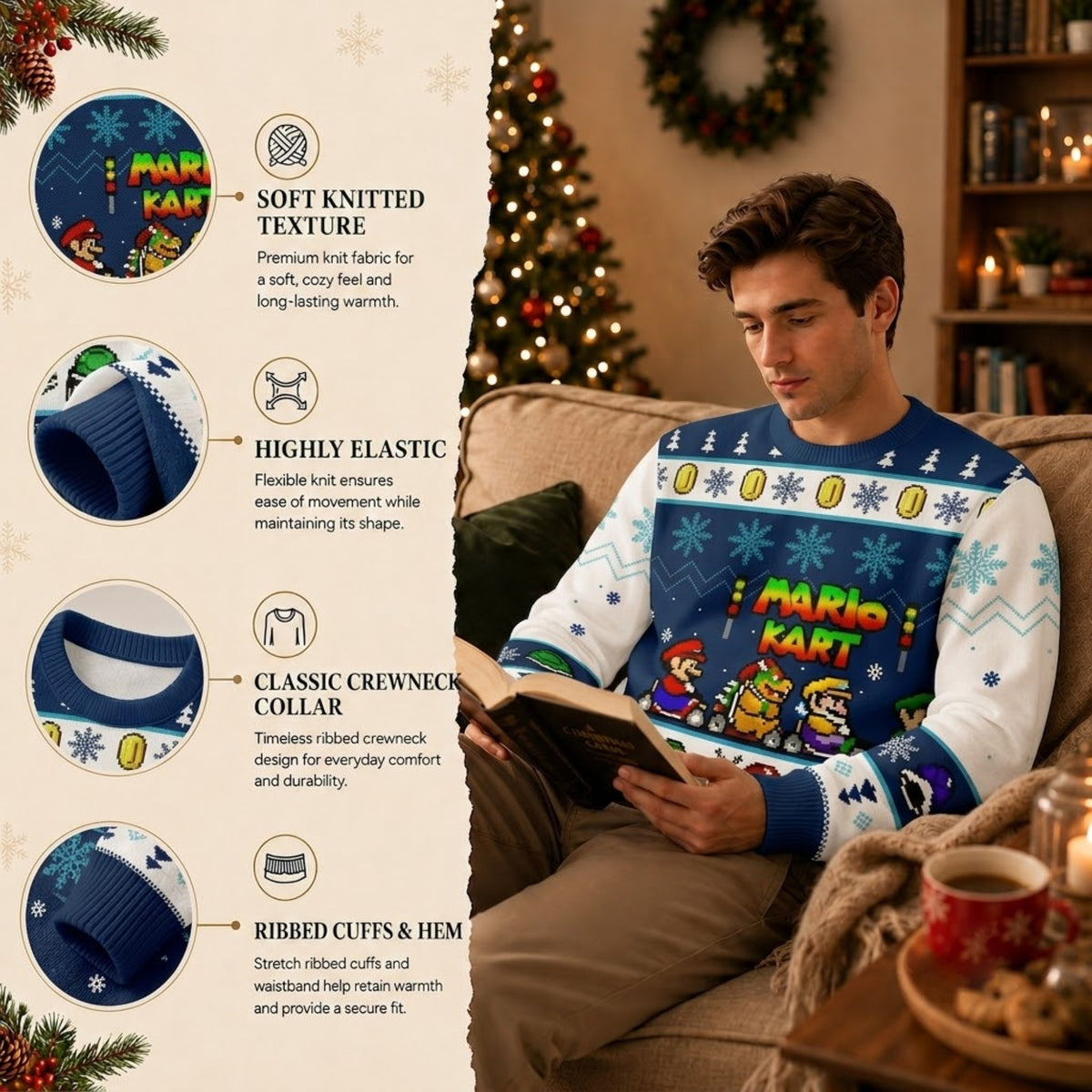 Mushroom Kingdom Grand Prix Kart Racing Ugly Christmas Sweater - Pixel Art Holiday Knit Print