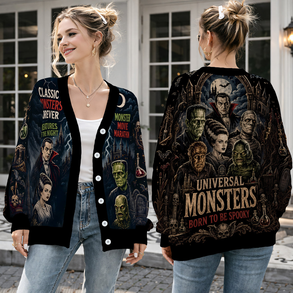 Horror Classic Monsters Cardigan Sweater - Spooky Creatures Halloween Knitwear