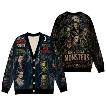 Horror Classic Monsters Cardigan Sweater - Spooky Creatures Halloween Knitwear