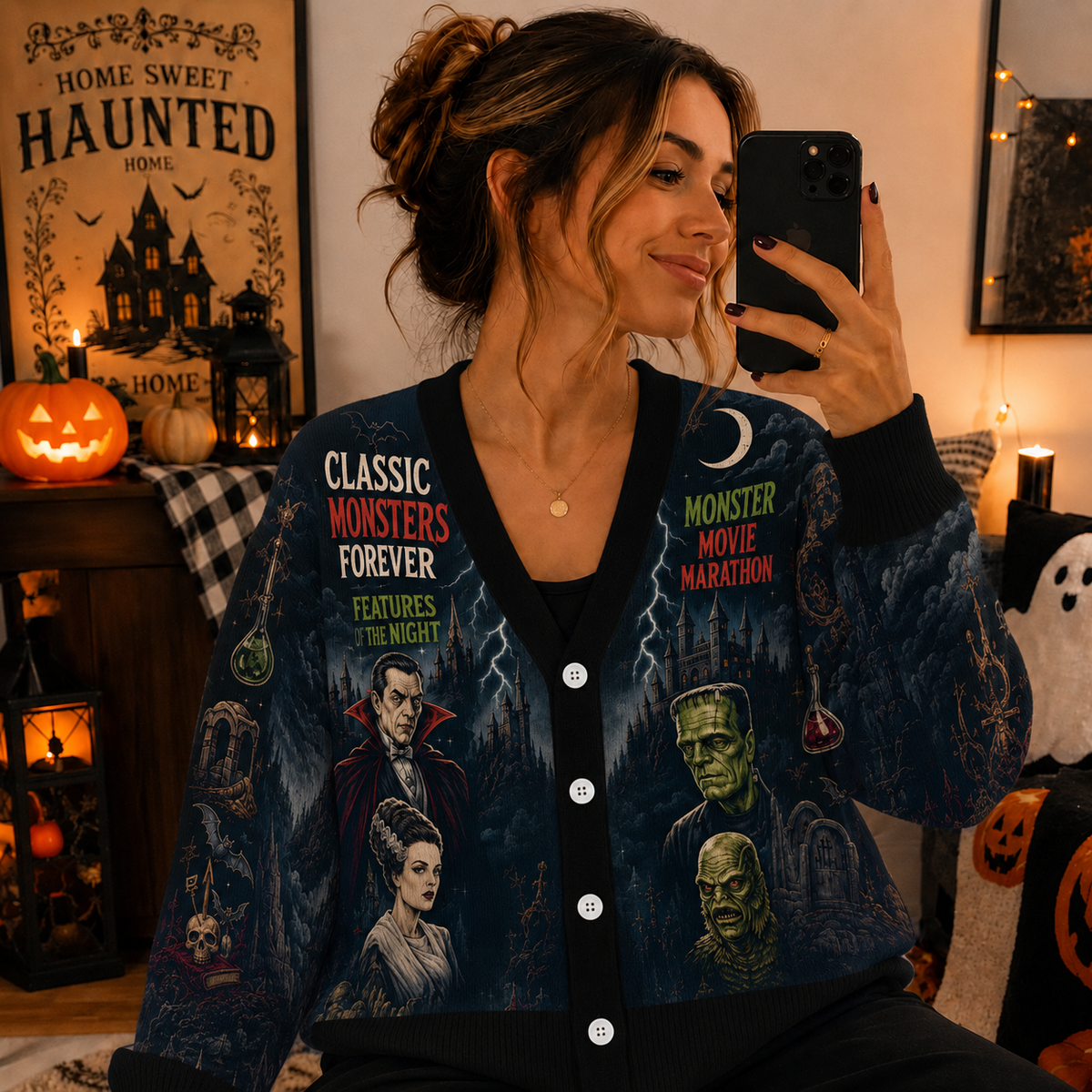 Horror Classic Monsters Cardigan Sweater - Spooky Creatures Halloween Knitwear