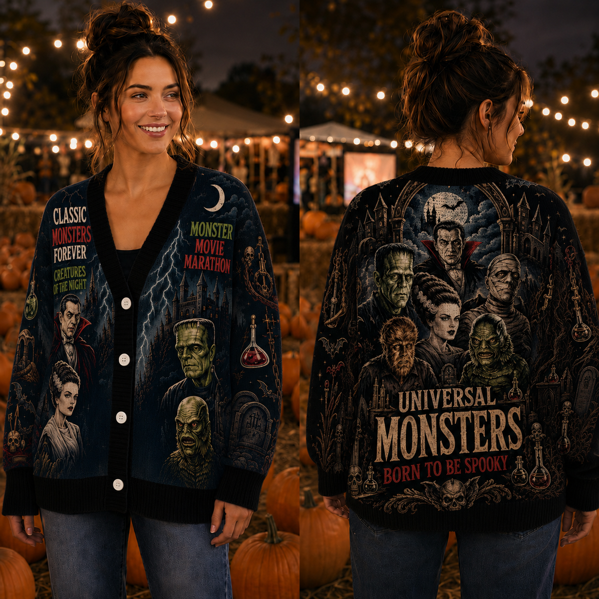 Horror Classic Monsters Cardigan Sweater - Spooky Creatures Halloween Knitwear