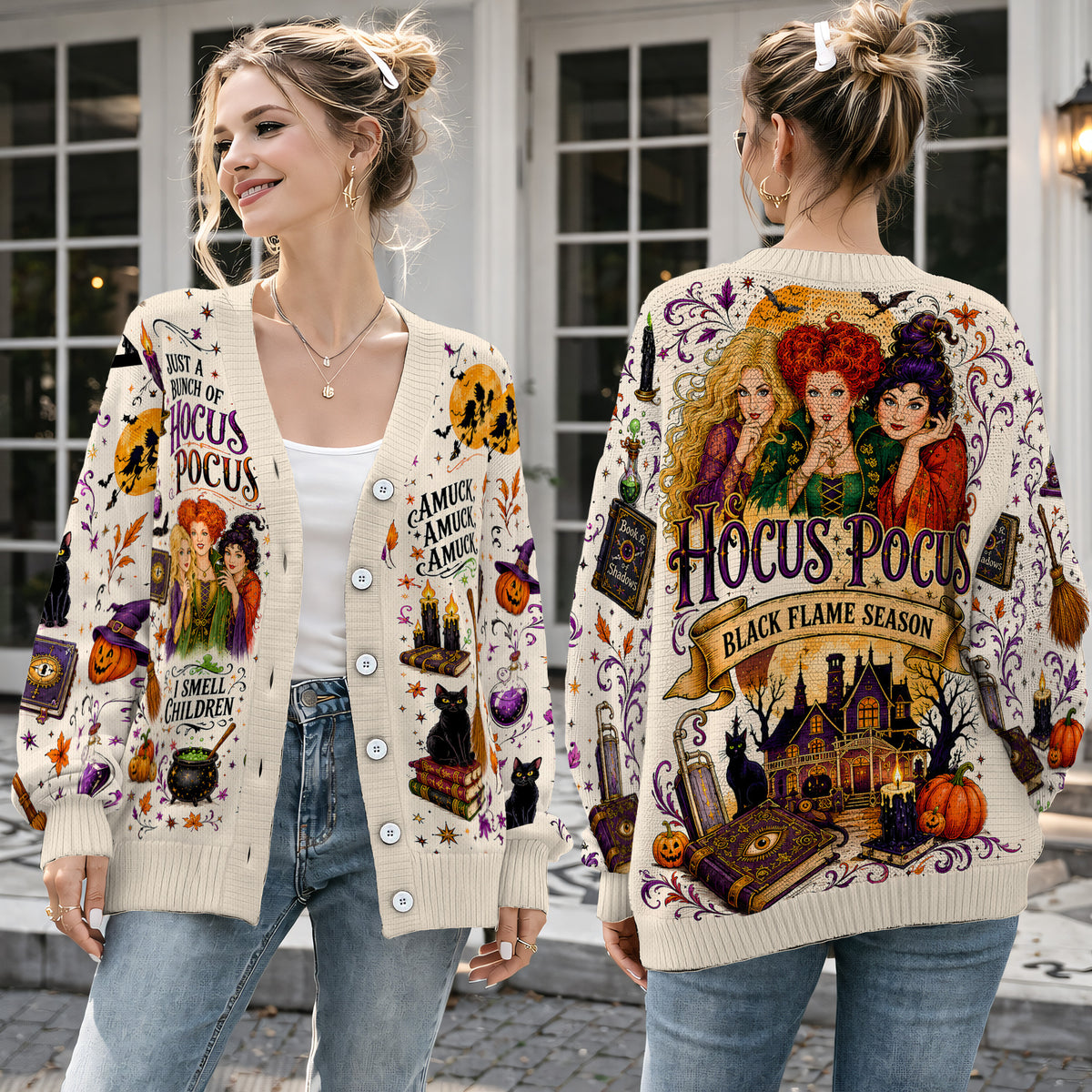 Halloween Witch Trio Cardigan Sweater - Spooky Spellbound Graphic Knitwear