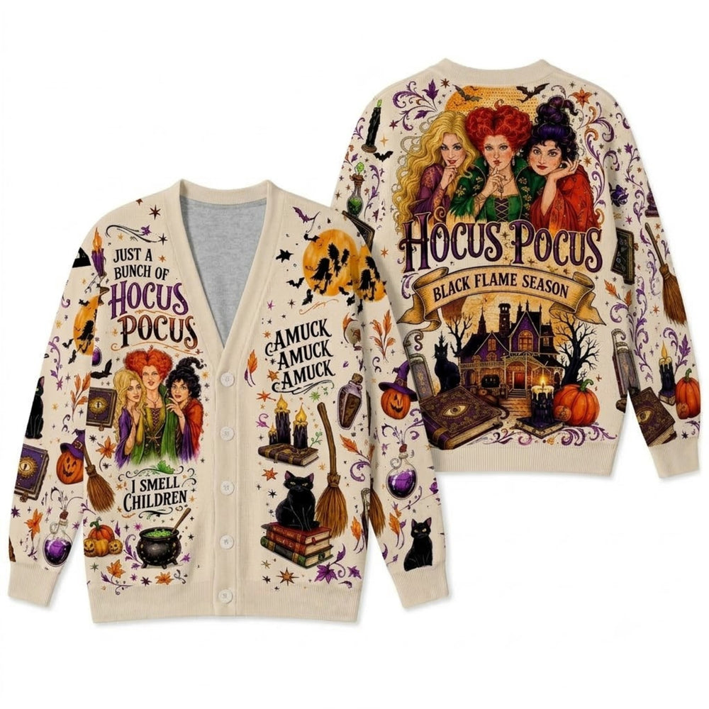 Halloween Witch Trio Cardigan Sweater - Spooky Spellbound Graphic Knitwear