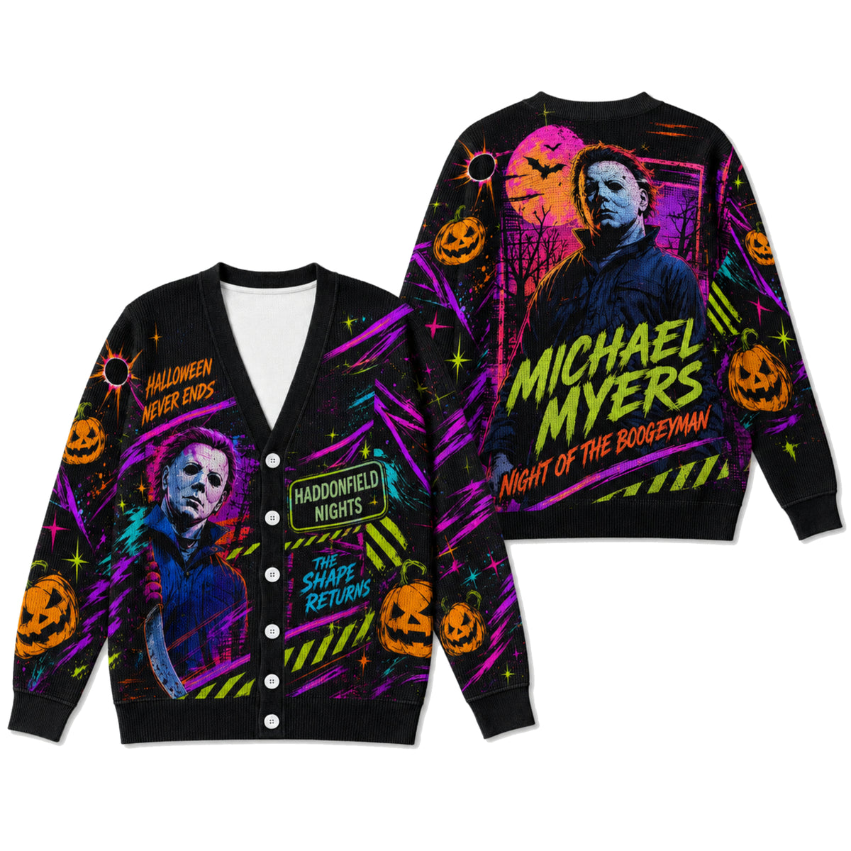 Neon Horror Slasher Cardigan Sweater - Retro Halloween Masked Killer Knitwear