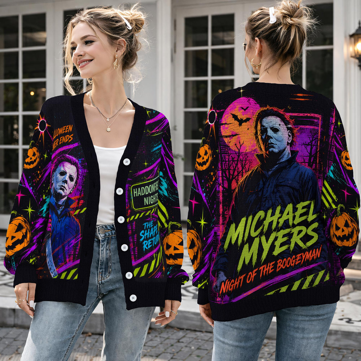 Neon Horror Slasher Cardigan Sweater - Retro Halloween Masked Killer Knitwear