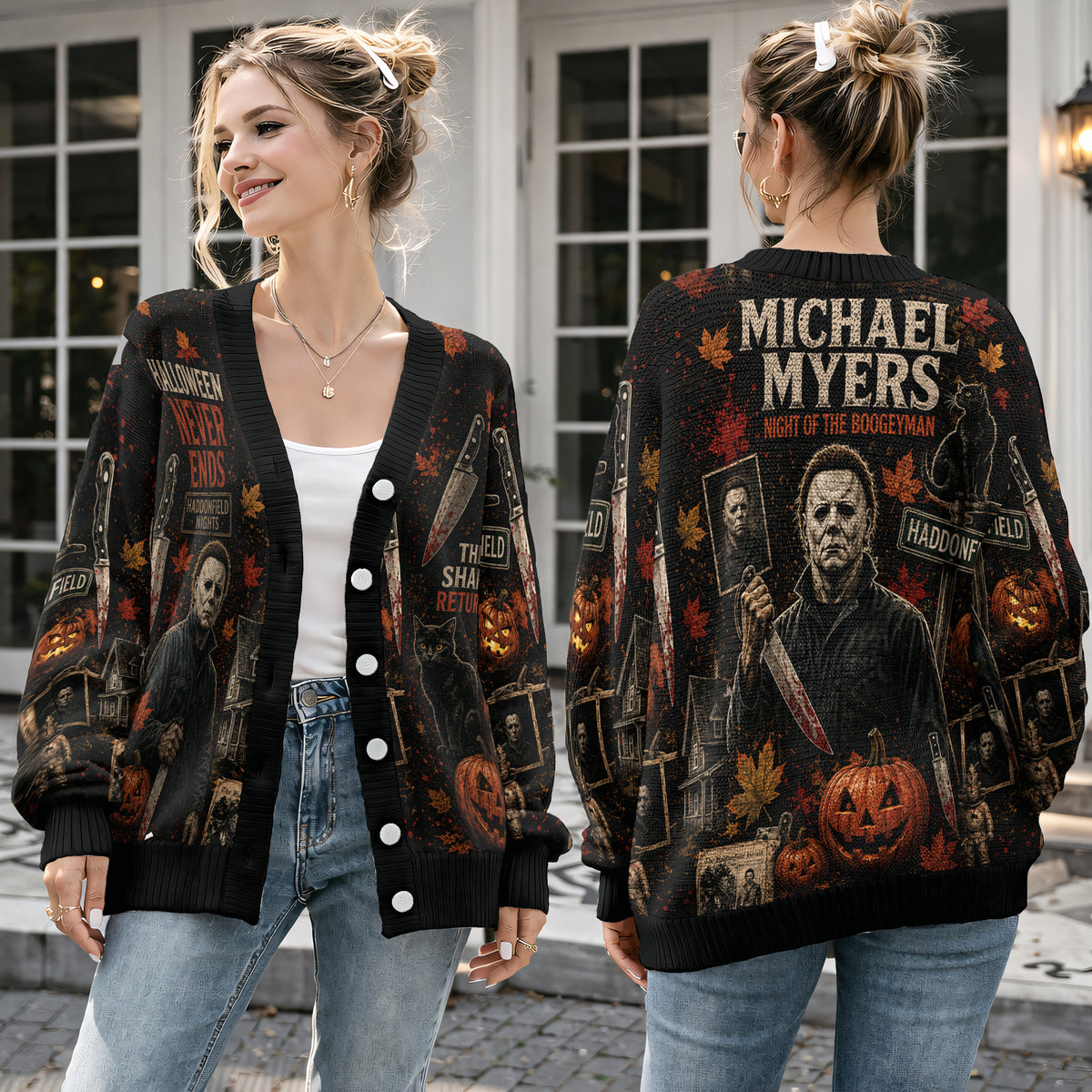 Horror Slasher Cardigan Sweater - Vintage Spooky Masked Killer Halloween Knitwear