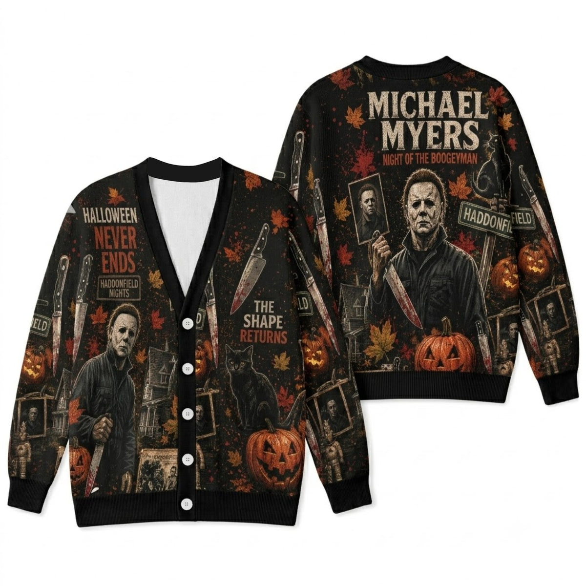 Horror Slasher Cardigan Sweater - Vintage Spooky Masked Killer Halloween Knitwear
