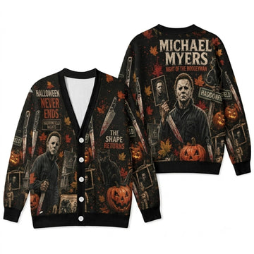 Horror Slasher Cardigan Sweater - Vintage Spooky Masked Killer Halloween Knitwear