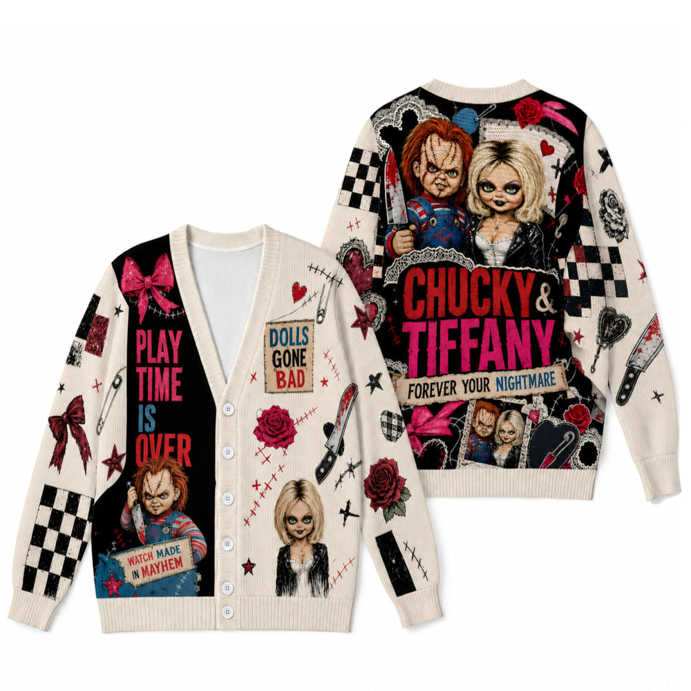 Horror Killer Doll Cardigan Sweater - Vintage Gothic Creepy Couple Knitwear
