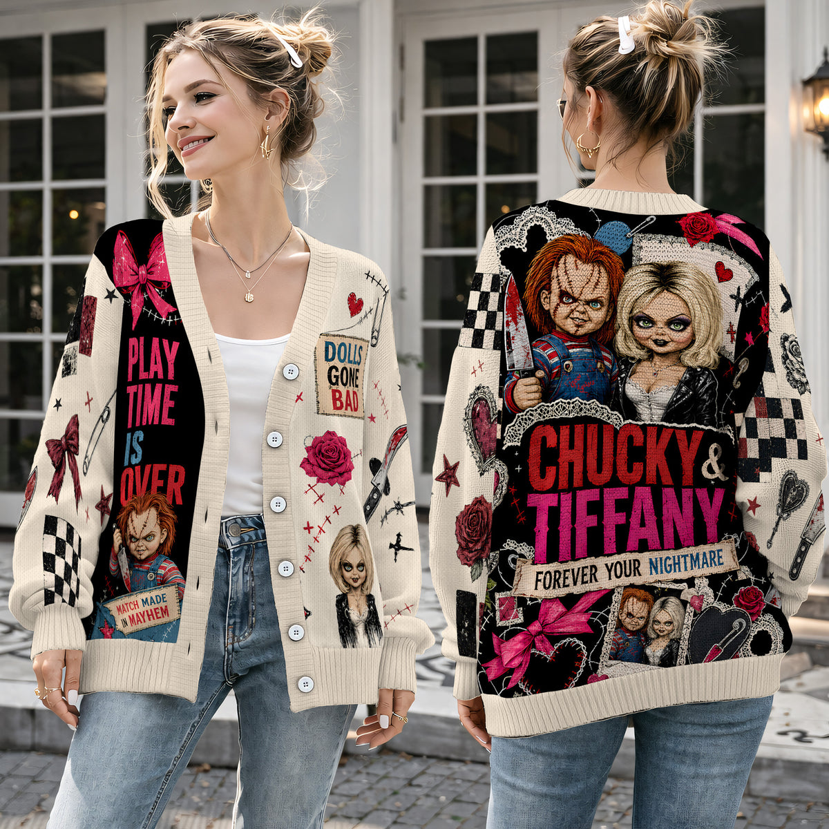 Horror Killer Doll Cardigan Sweater - Vintage Gothic Creepy Couple Knitwear