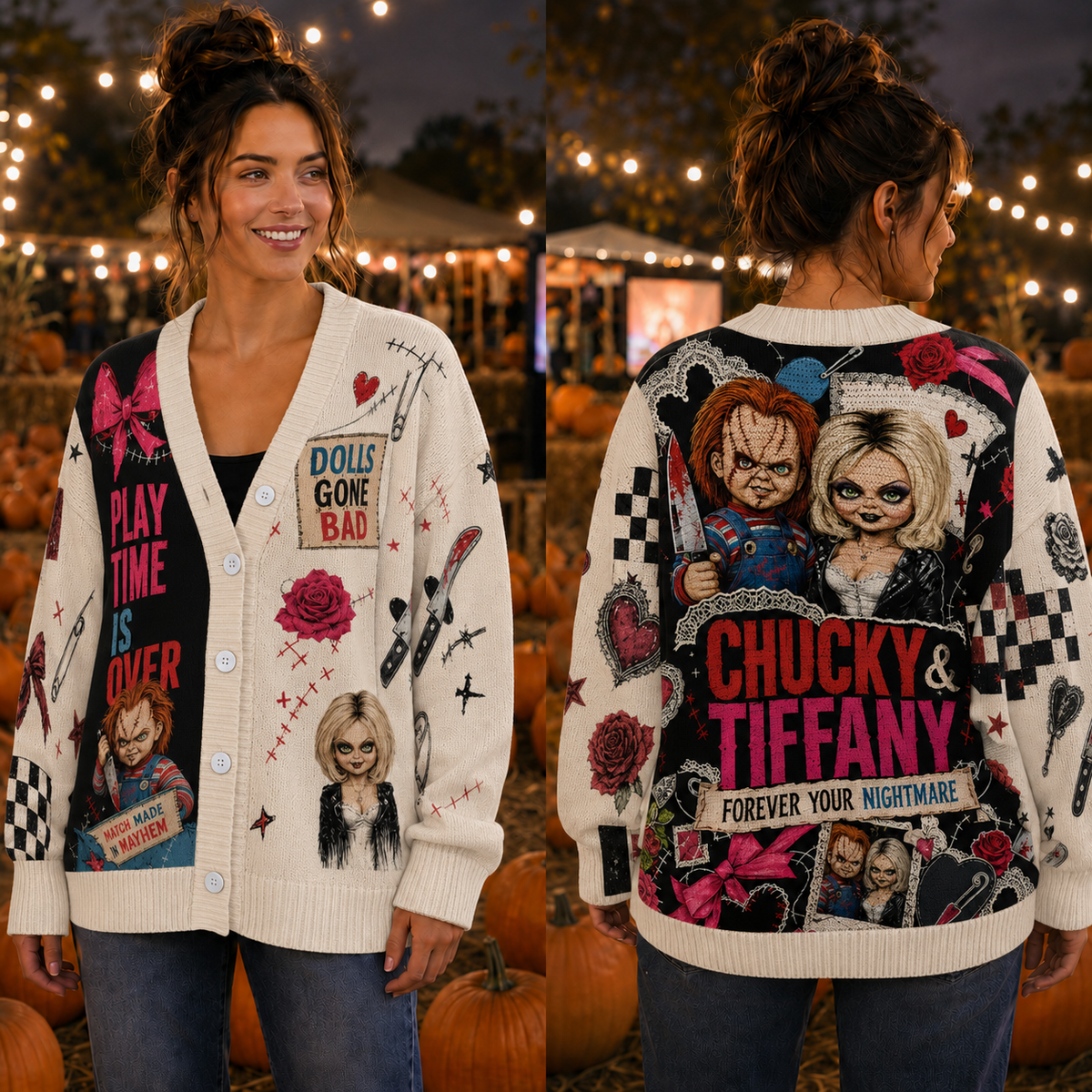 Horror Killer Doll Cardigan Sweater - Vintage Gothic Creepy Couple Knitwear