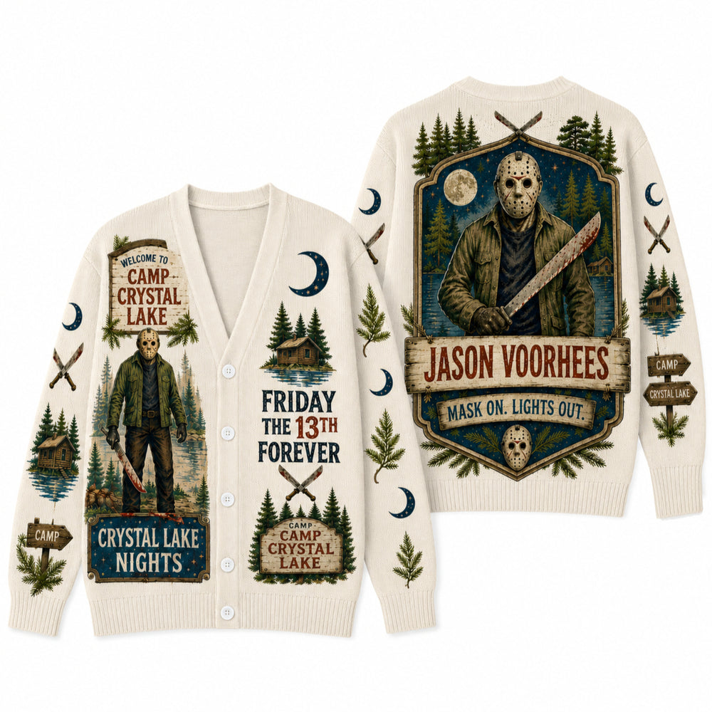 Horror Slasher Cardigan Sweater - Vintage Spooky Lake Camp Graphic Knitwear