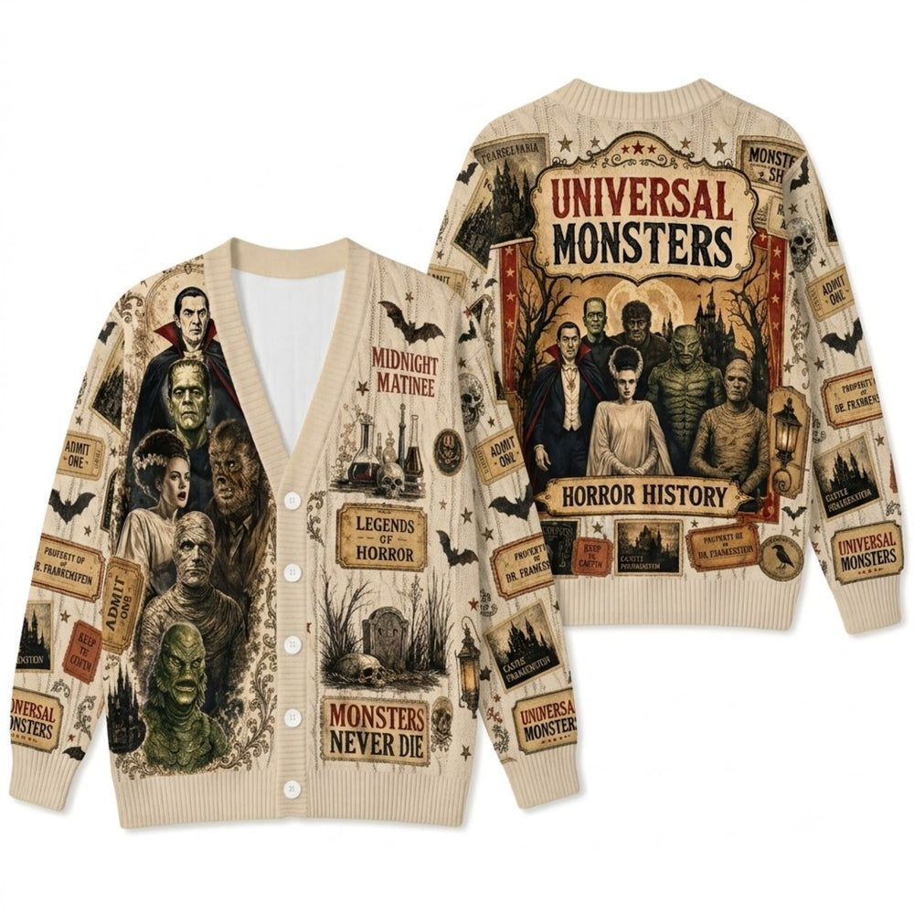 Horror History Cardigan Sweater - Vintage Classic Monster Legends Knitwear