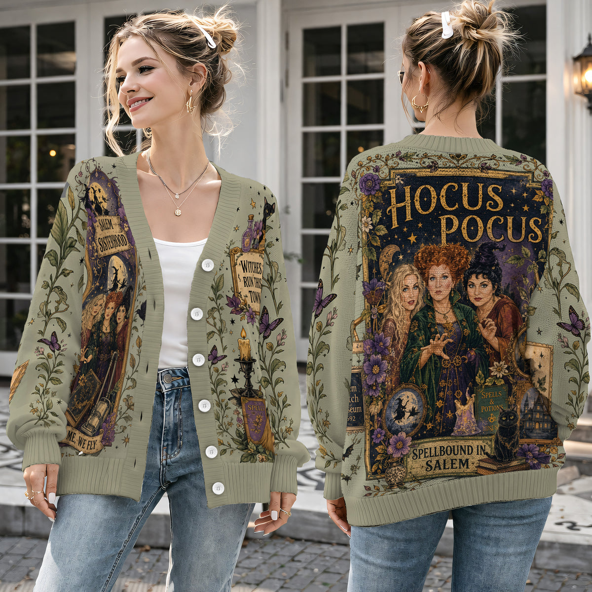 Salem Witches Cardigan Sweater - Vintage Spooky Sisterhood Halloween Knitwear