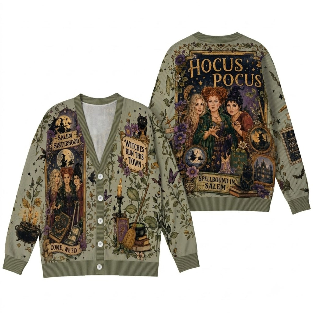 Salem Witches Cardigan Sweater - Vintage Spooky Sisterhood Halloween Knitwear