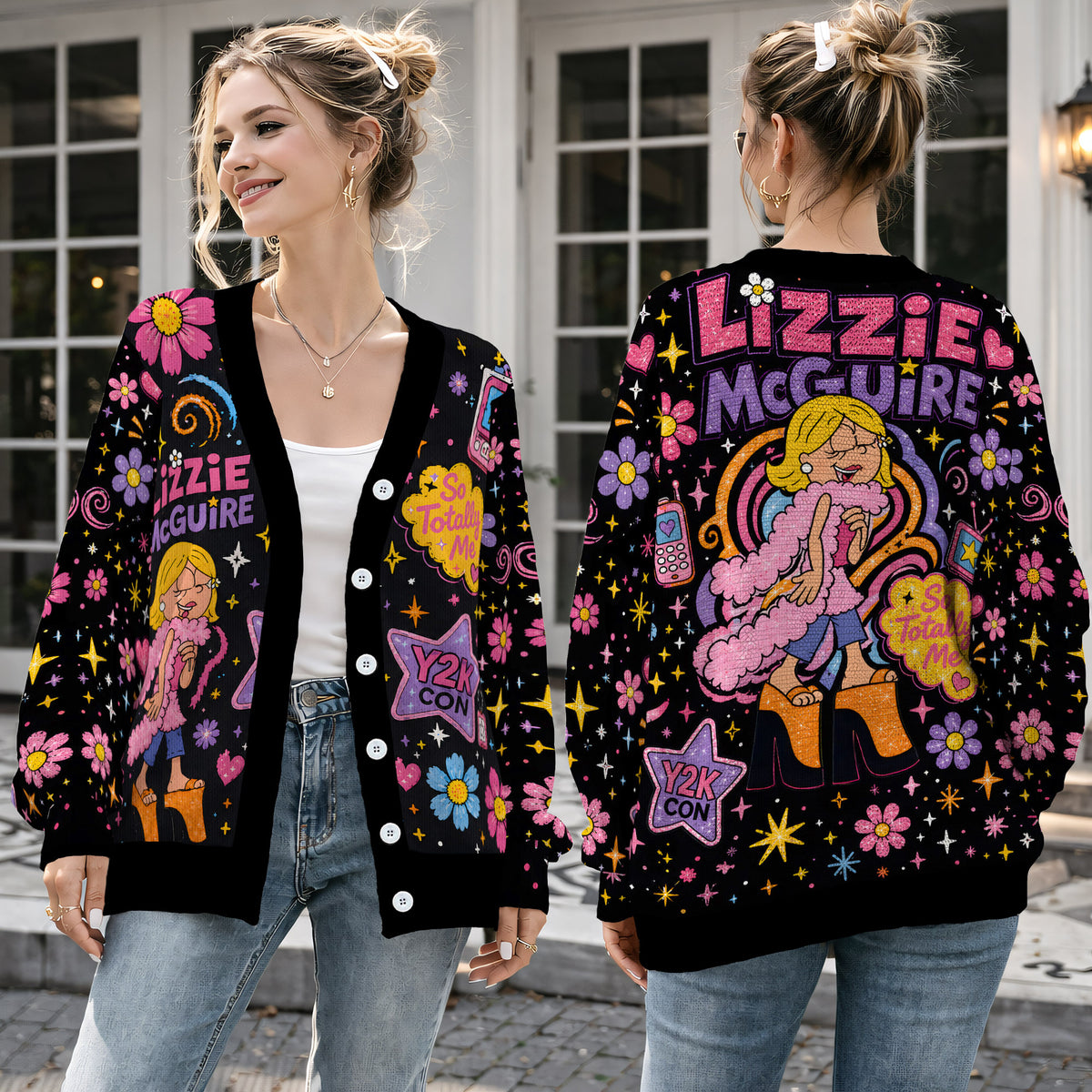 Cute Y2K Cartoon Girl Cardigan Sweater - 2000s Nostalgia Pop Culture Knitwear