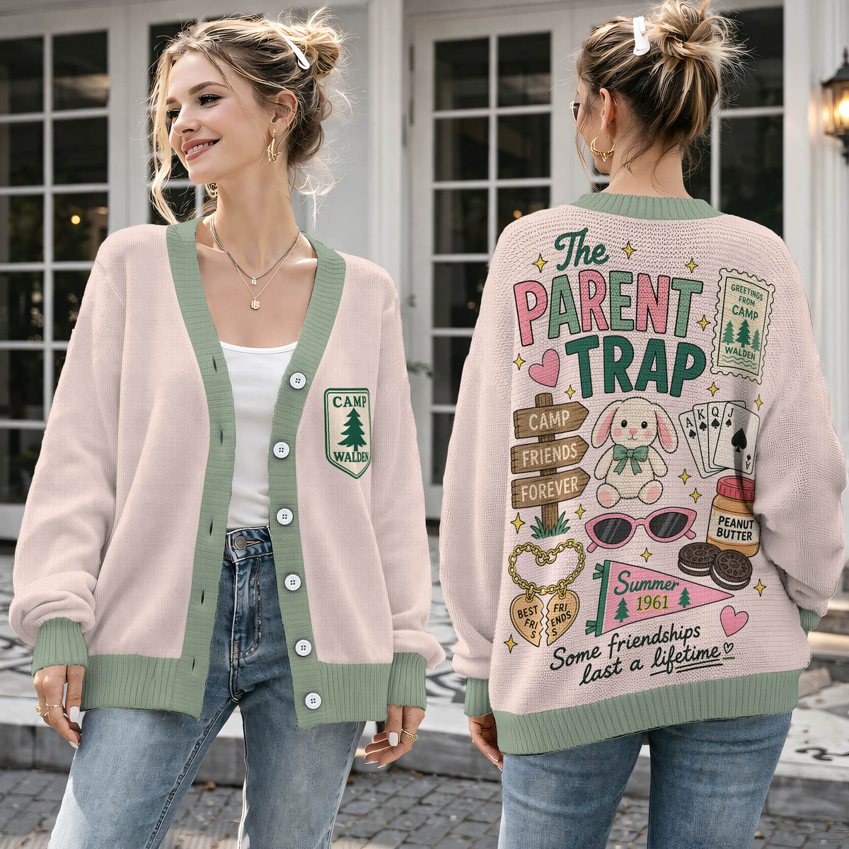 Summer Camp Cardigan Sweater - 1961 Retro Camping Memories Button Knitwear