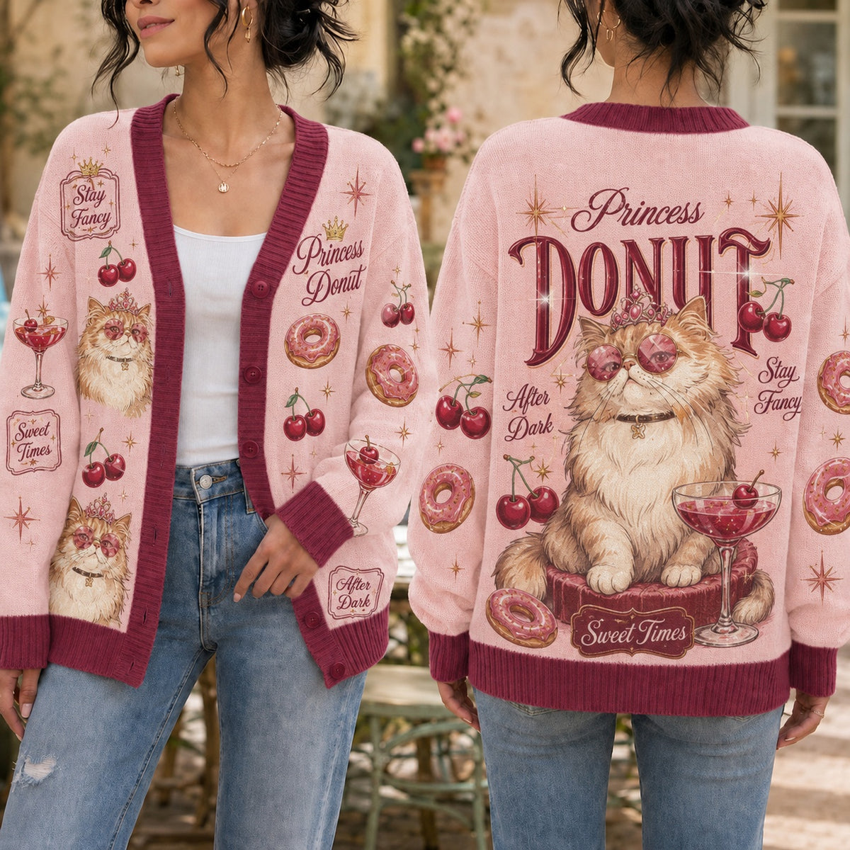 Persian Cat Cardigan Sweater - Fancy Princess Donut Pastry Knitwear