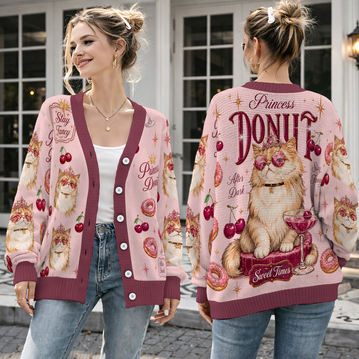 Persian Cat Cardigan Sweater - Fancy Princess Donut Pastry Knitwear