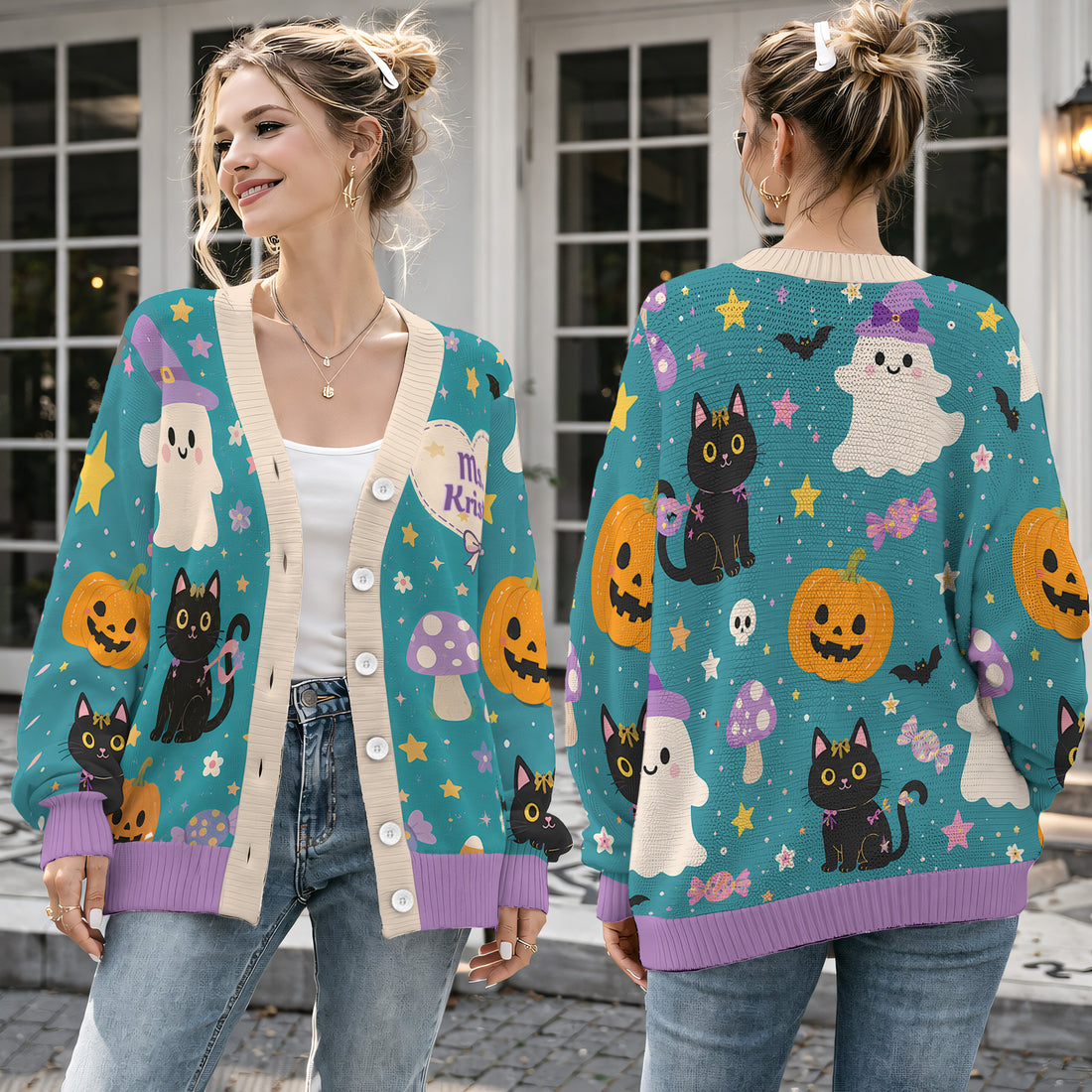 Personalized Halloween Ghost Cat Cardigan Sweater - Cute Pastel Spooky Knitwear