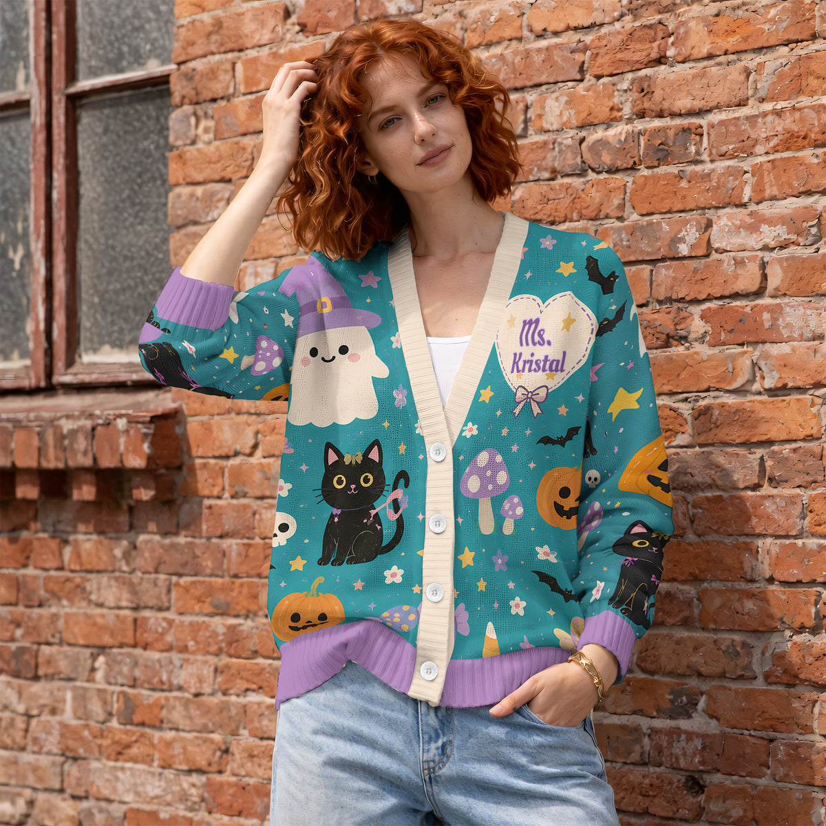 Personalized Halloween Ghost Cat Cardigan Sweater - Cute Pastel Spooky Knitwear