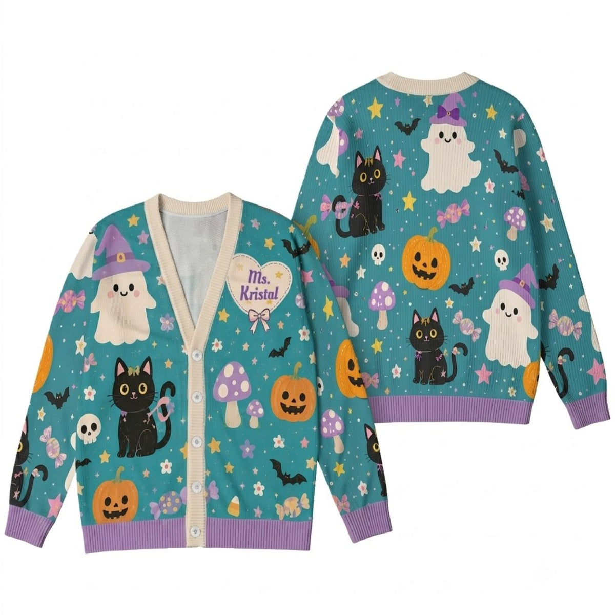 Personalized Halloween Ghost Cat Cardigan Sweater - Cute Pastel Spooky Knitwear