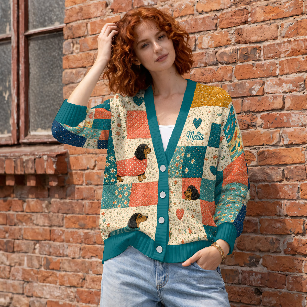 Personalized Dachshund Cardigan Sweater - Cute Wiener Dog Patchwork Knitwear