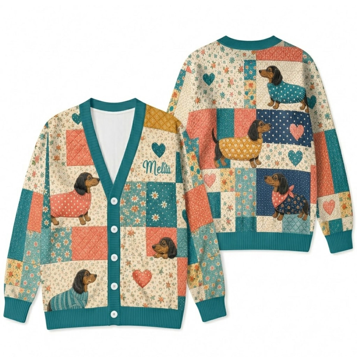 Personalized Dachshund Cardigan Sweater - Cute Wiener Dog Patchwork Knitwear