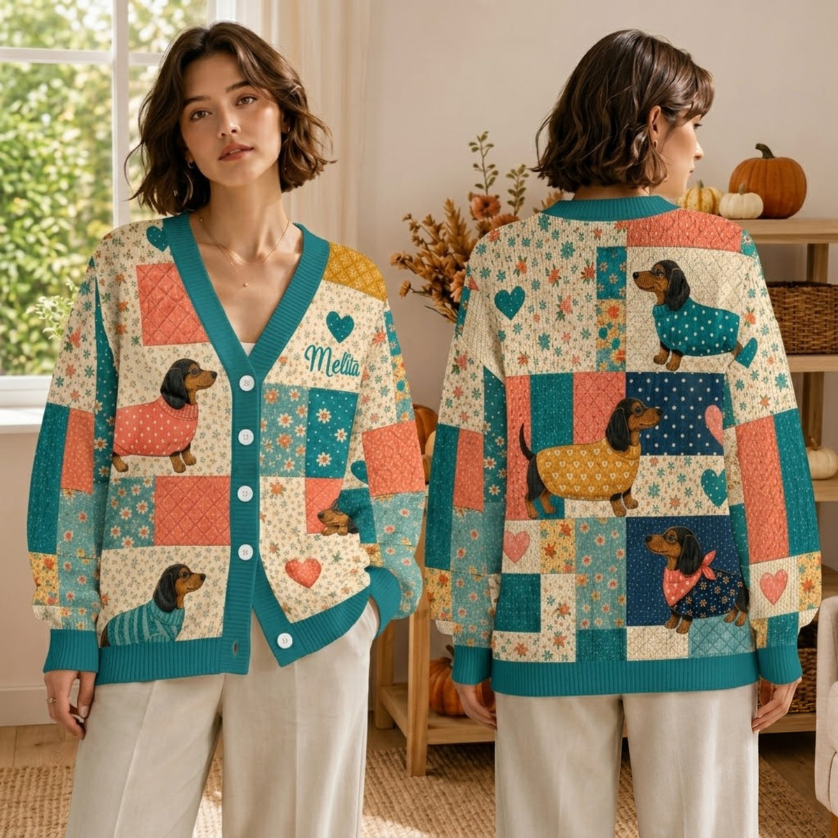 Personalized Dachshund Cardigan Sweater - Cute Wiener Dog Patchwork Knitwear