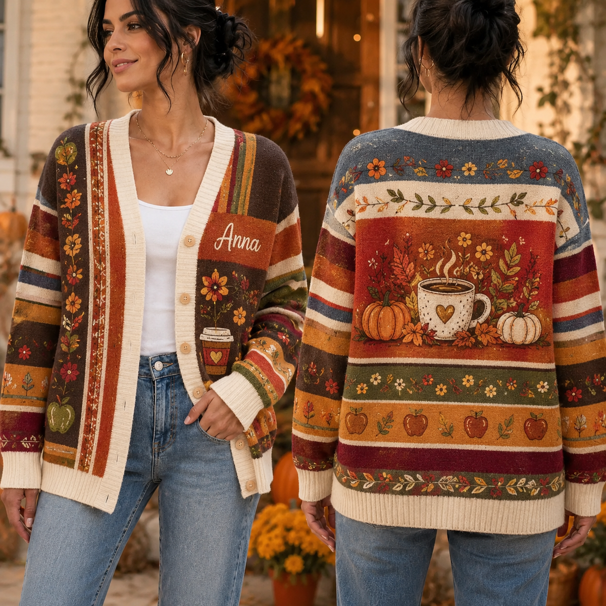 Personalized Fall Cardigan Sweater - Cozy Pumpkin Coffee Autumn Knitwear