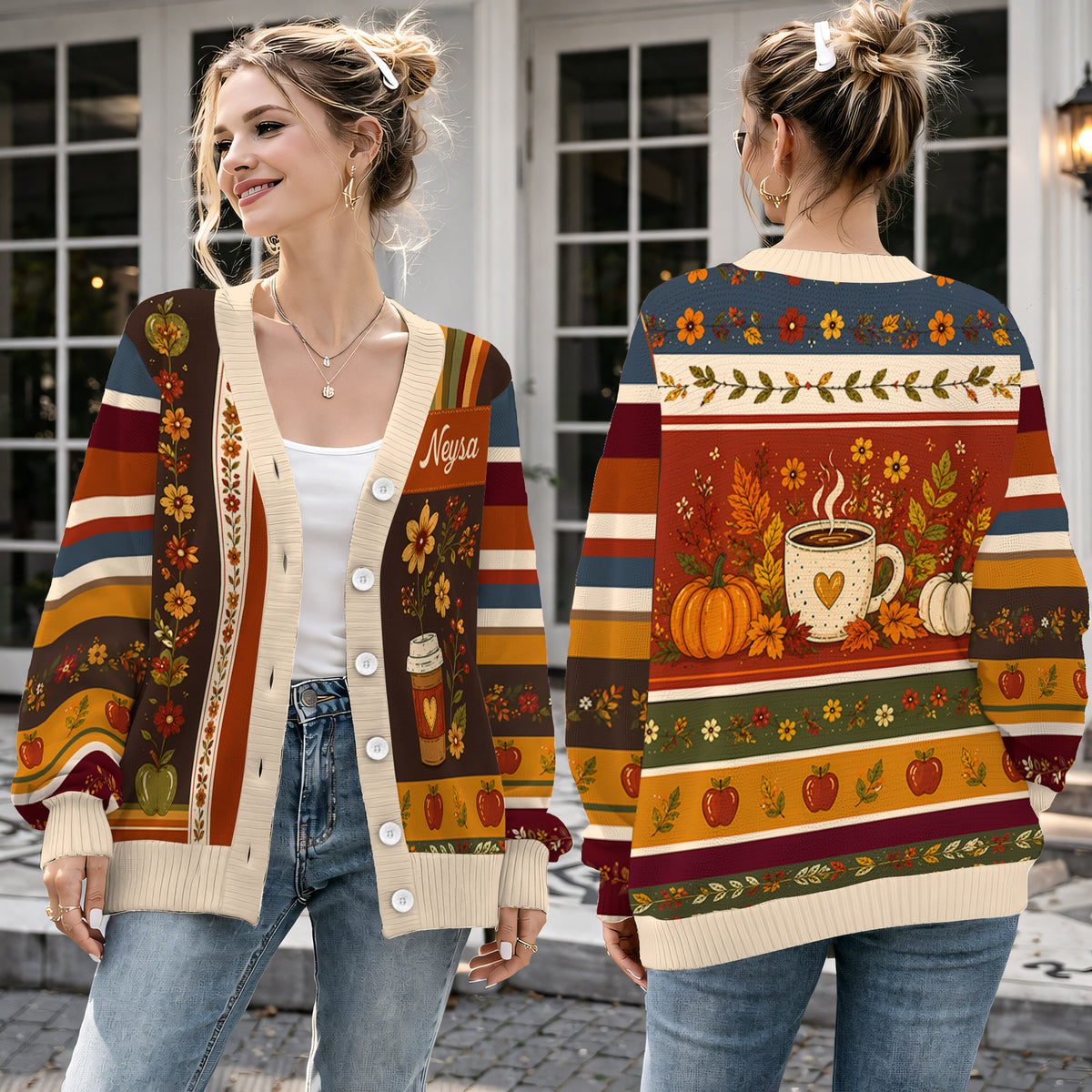 Personalized Fall Cardigan Sweater - Cozy Pumpkin Coffee Autumn Knitwear