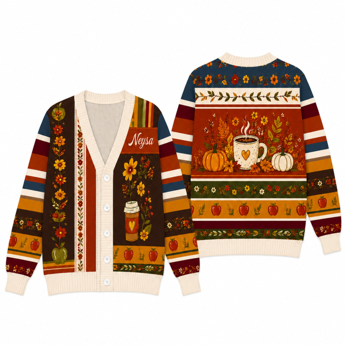 Personalized Fall Cardigan Sweater - Cozy Pumpkin Coffee Autumn Knitwear
