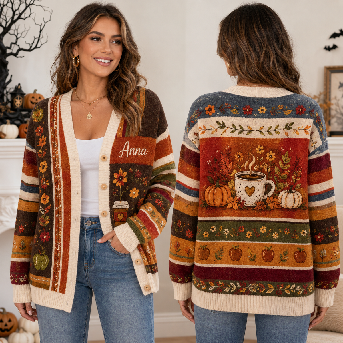 Personalized Fall Cardigan Sweater - Cozy Pumpkin Coffee Autumn Knitwear