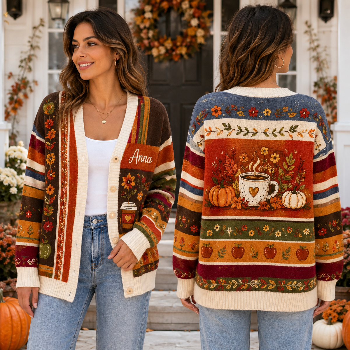 Personalized Fall Cardigan Sweater - Cozy Pumpkin Coffee Autumn Knitwear