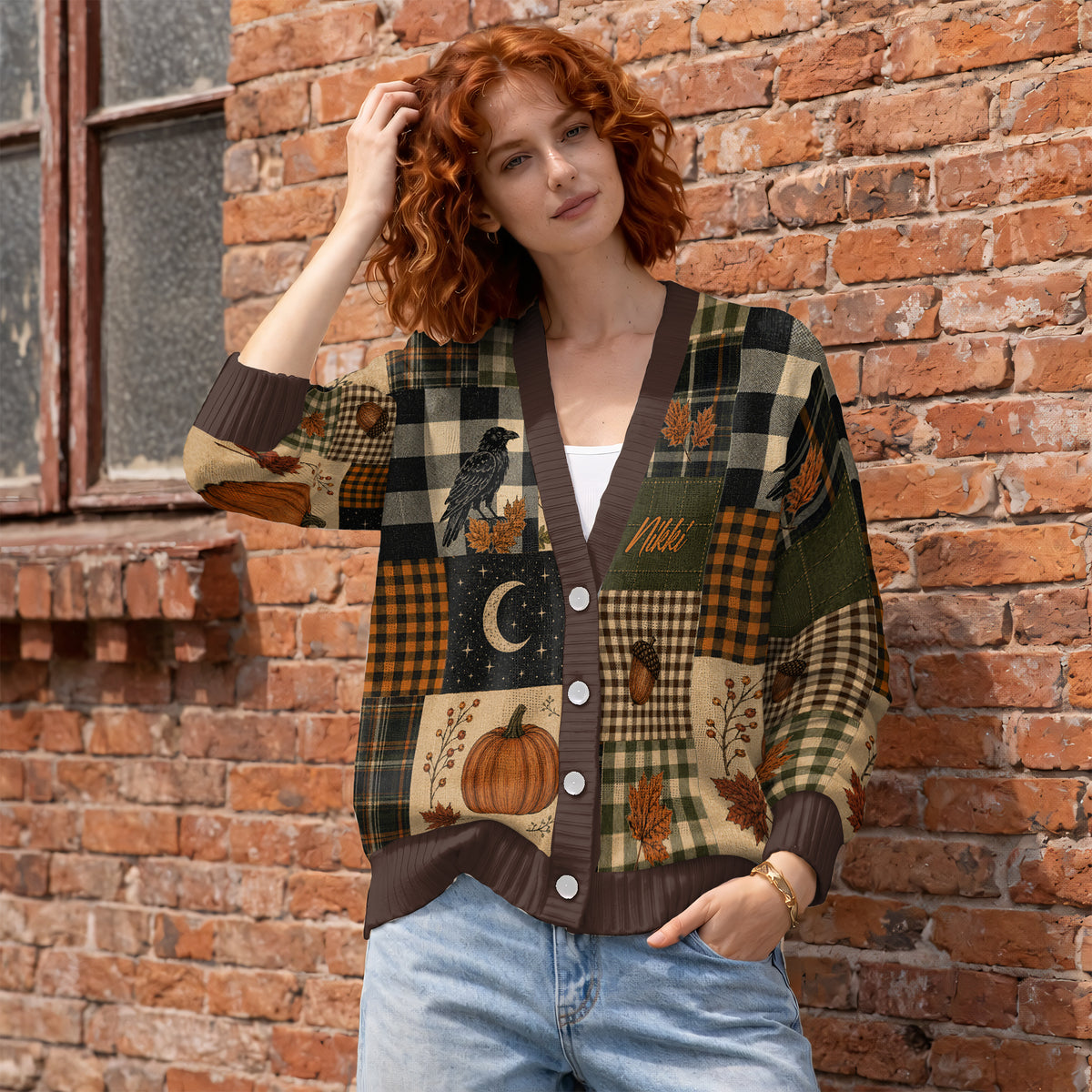 Personalized Halloween Cardigan Sweater - Cozy Autumn Patchwork Knitwear