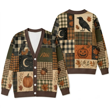 Personalized Halloween Cardigan Sweater - Cozy Autumn Patchwork Knitwear