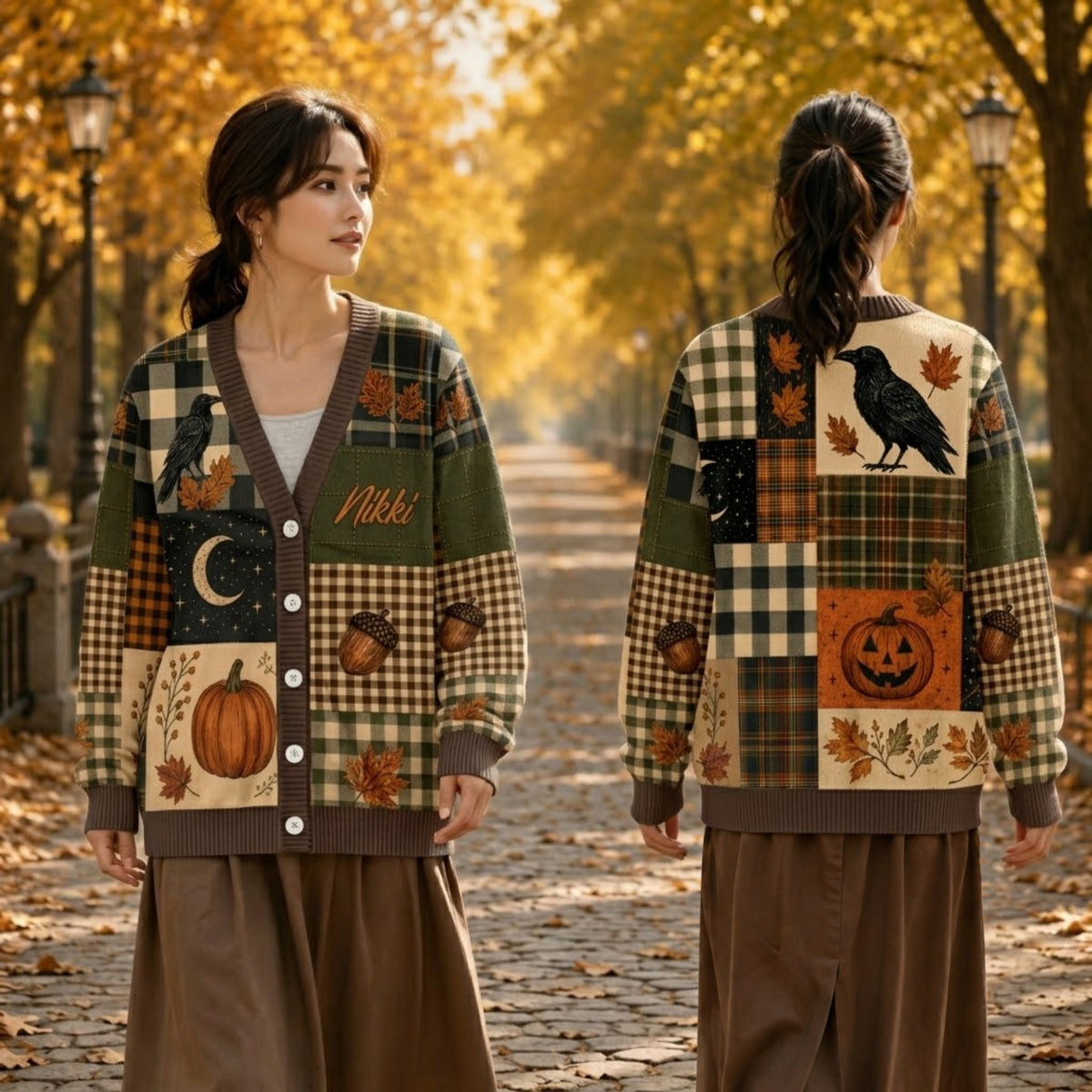 Personalized Halloween Cardigan Sweater - Cozy Autumn Patchwork Knitwear