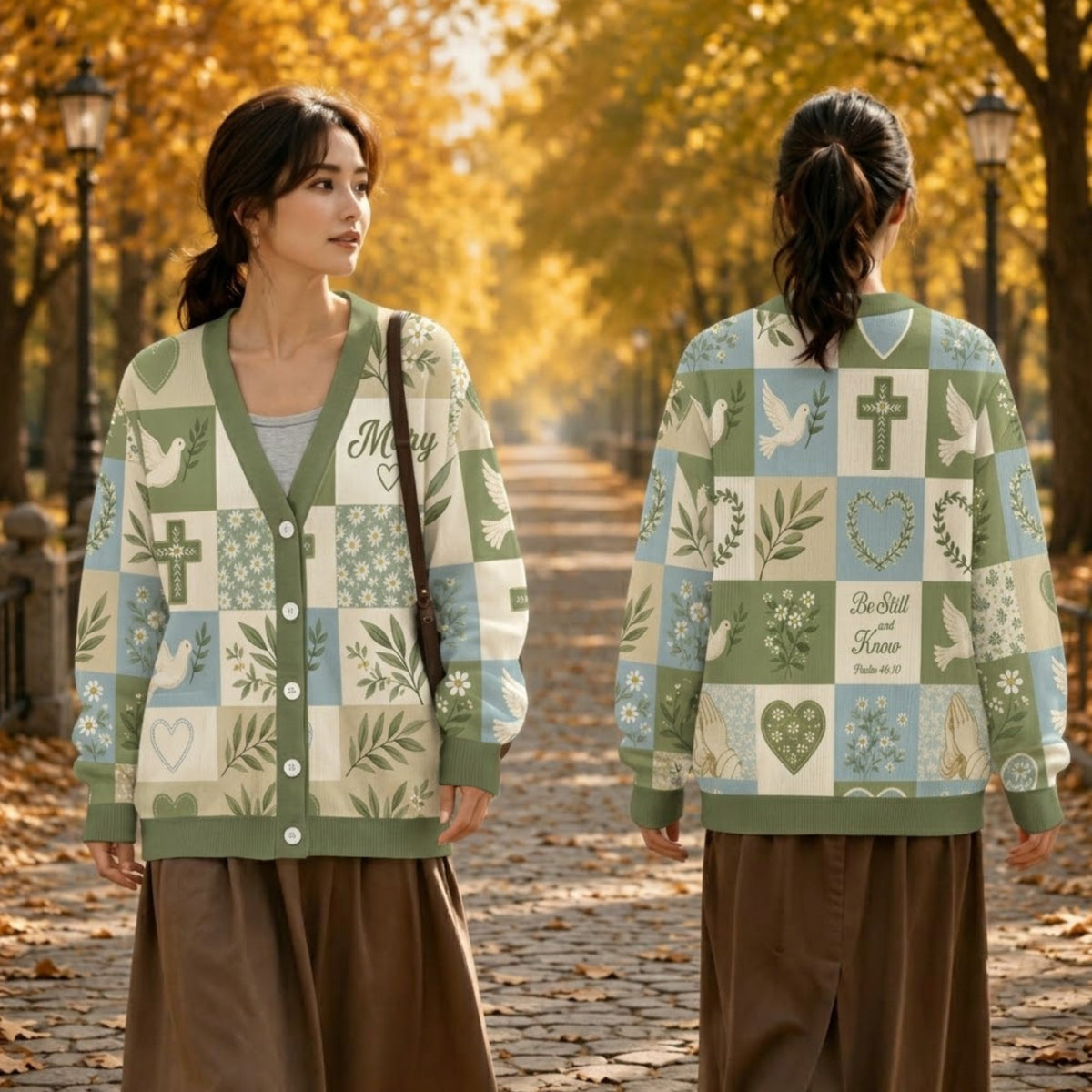 Personalized Christian Faith Cardigan Sweater - Sage Green Dove and Cross Knitwear