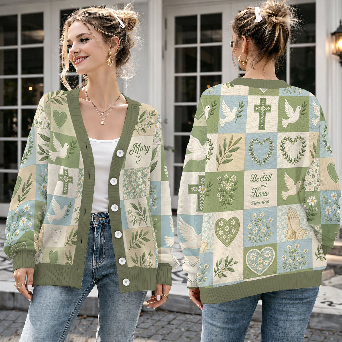 Personalized Christian Faith Cardigan Sweater - Sage Green Dove and Cross Knitwear