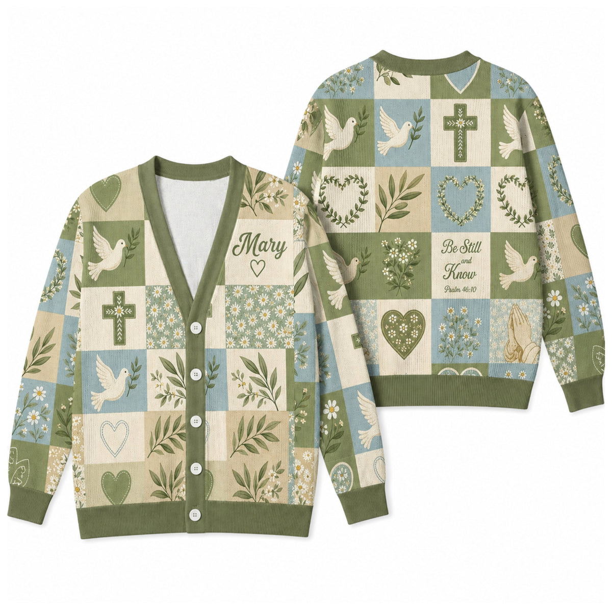 Personalized Christian Faith Cardigan Sweater - Sage Green Dove and Cross Knitwear